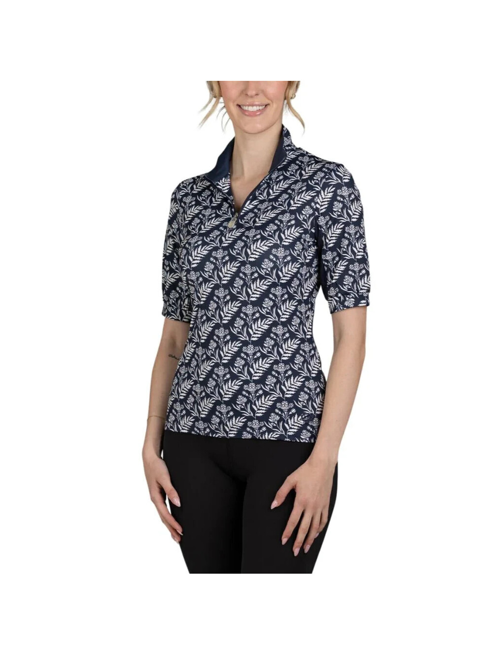 NEW Kastel Denmark Elbow Sleeve Navy Floral Sunshirt 1/4 Zip Top Mesh Trim SMALL
